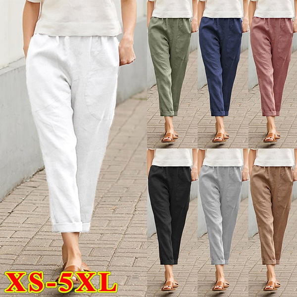 Outdoor New Women Summer Elastic Waist Loose Solid Pants Ladies Cotton Linen  Trousers 5XL