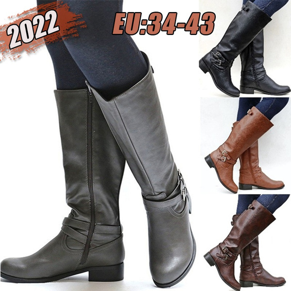 Women Flat Heel Long Boots Pointed Toe Knee High Boots Leather