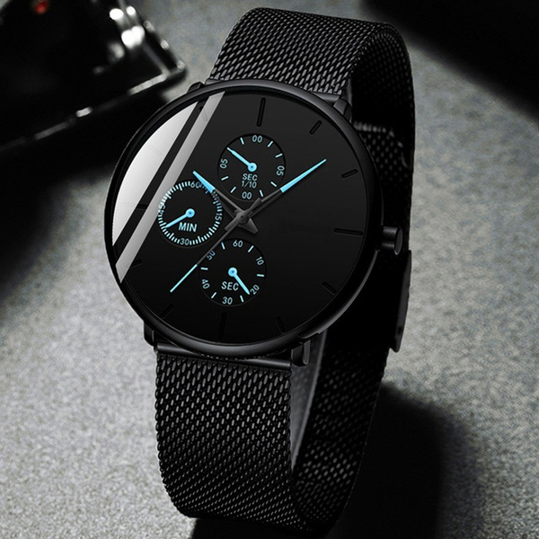 New Fashion Mens Business Black Watches Luxury Stainless Steel Ultra ...