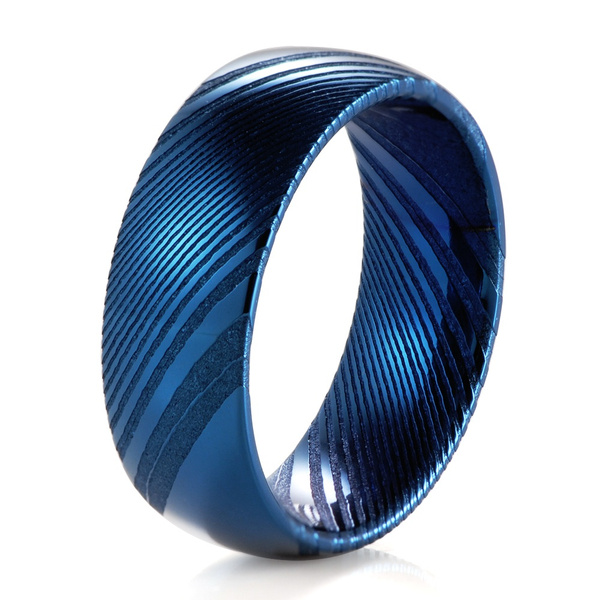 Cobalt Blue Authentic Damascus Steel Ring Men's Wedding Band Men's ...