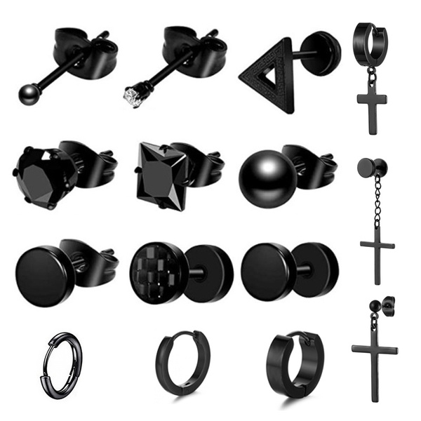 15 Pairs Set Stainless Steel Cross Ear Rings Stud Hoop Earrings Black