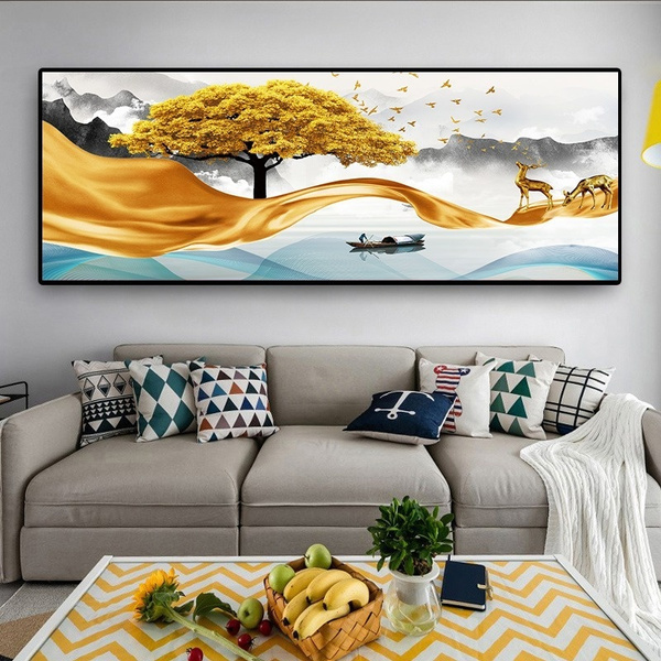 Modern Golden Abstract Landscape Art Golden Line Tree and Stone ...