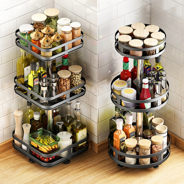 360 Rotating Condiments Metal Storage Rack Multi Layer Condiments Turntable Spice Container Kitchen Supplies