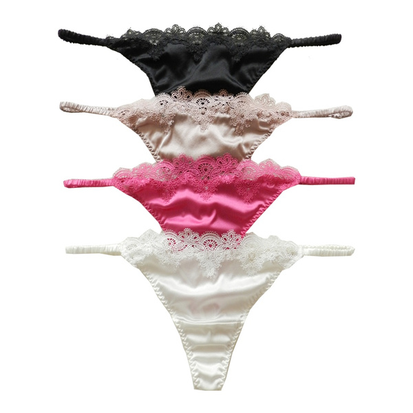 Yavorrs 4PCS Womens Silk Panties G String Thong Lace Bikini Size S M L ...