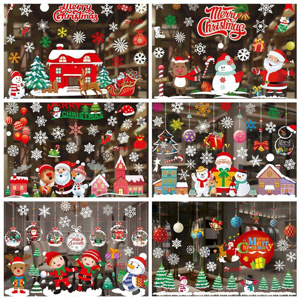 16 Styles Christmas Cartoon Stickers Cute Elk Santa Snowflake Window Stickers  Christmas Removable Wall Sticker Glasswindow Festival Decals Decoration  Merry Christmas Wall Art