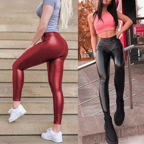 Womens Stretchy Faux Leather Leggings High Waisted Tights