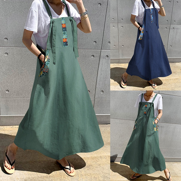 Plus Size Womens Sleeveless Long Dress Dungaree Cotton Linen Casual  Oversized Pinafore Overall Dresses