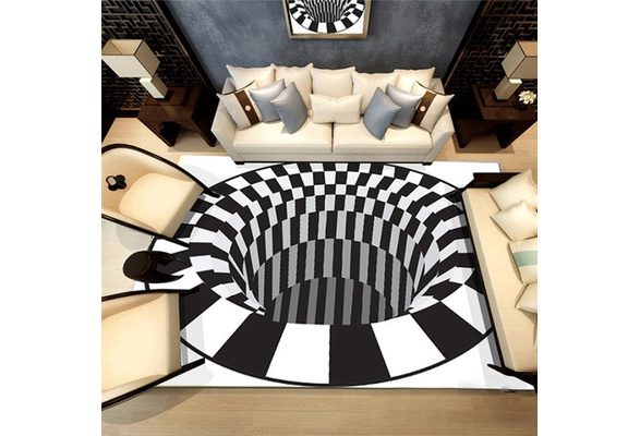 3D Bottomless Hole Optical Illusion Area Rug Carpet for Living Room Swirl  Print Round Grid 3D Illusion Vortex Carpet Non-Slip Mat