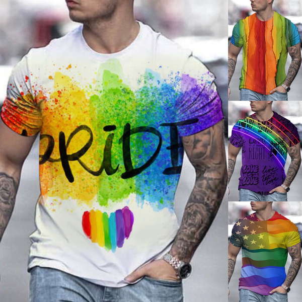 Men s Rainbow Round Neck Short Sleeve Top T Shirt Gay Pride Shirt