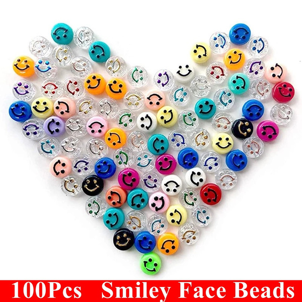 100pcs/set Smiley Face Beads for DIY Necklace and Bracelet Jewelry Making  Accessories Plastic Flat Round Cartoon Acrylic Smiling Beads