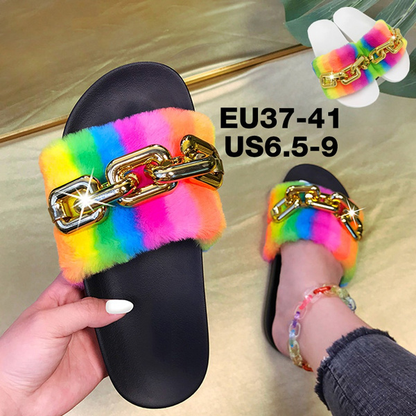 Rainbow fur cheap slide sandals