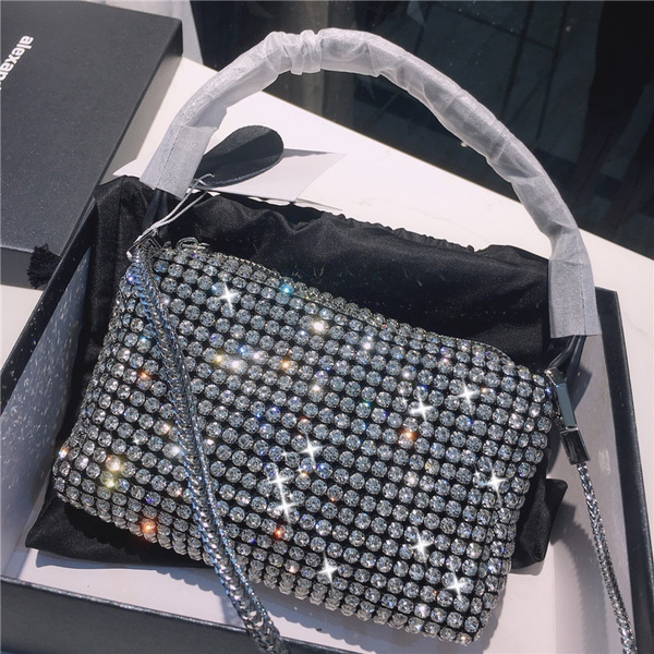 Blue Color Rhinestone Diamond Plaid Bag Fashion Leather Square Bag