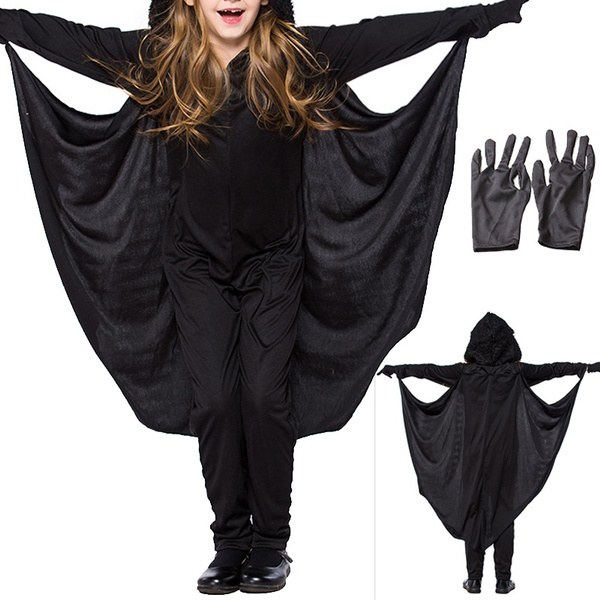 Kid Black Bat Costume Halloween Hooded Jumpsuit Romper Cosplay Vampire  Outfit with Wings Ears Gloves for Children Masquerade Party Set