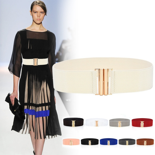 Fashionable Women's Versatile Gold Buckle Wide Waist Elastic Belt Dress T-Shirt with Decorative Waist Belt