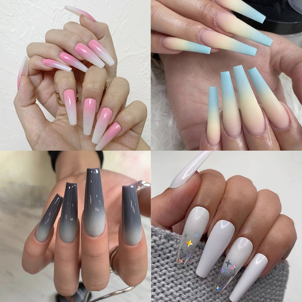 Glossy Ombre Pink Nude French Ballerina Long Coffin False Nail Gradient  Natural Press On Ballet Fake Nails Tips For Girls Manicure Reusable Wear |  Wish