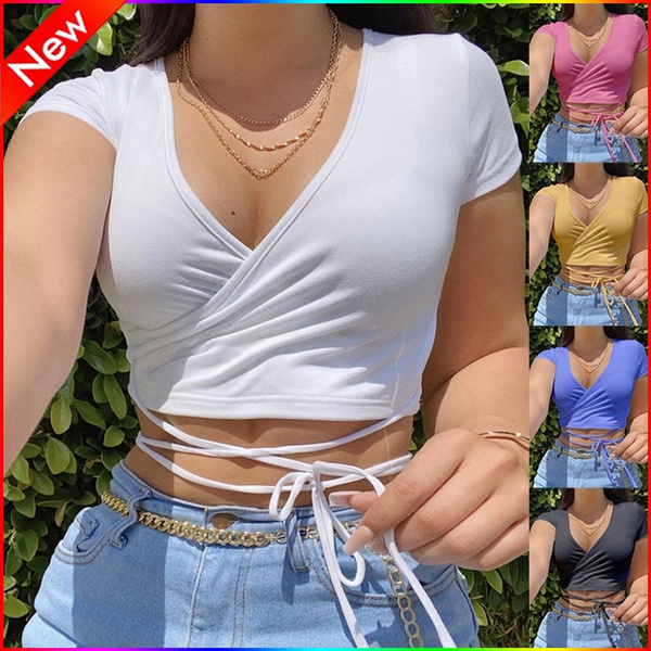 Women Fashion Solid Color Sexy V-neck Crop Tops Slim Fit Summer