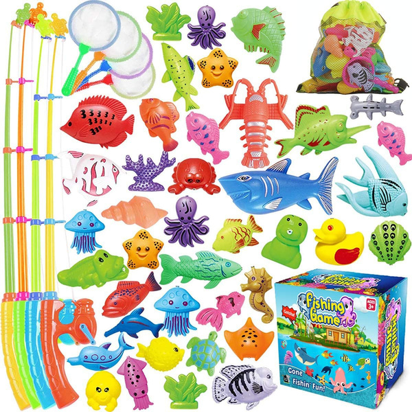 Magnetic Fishing Pool Toys Game for Kids - Water Table Bathtub Kiddie Party  Toy with Pole Rod Net Plastic Floating Fish Toddler Color Ocean Sea Animals  Age 3 4 5 6 Year Old