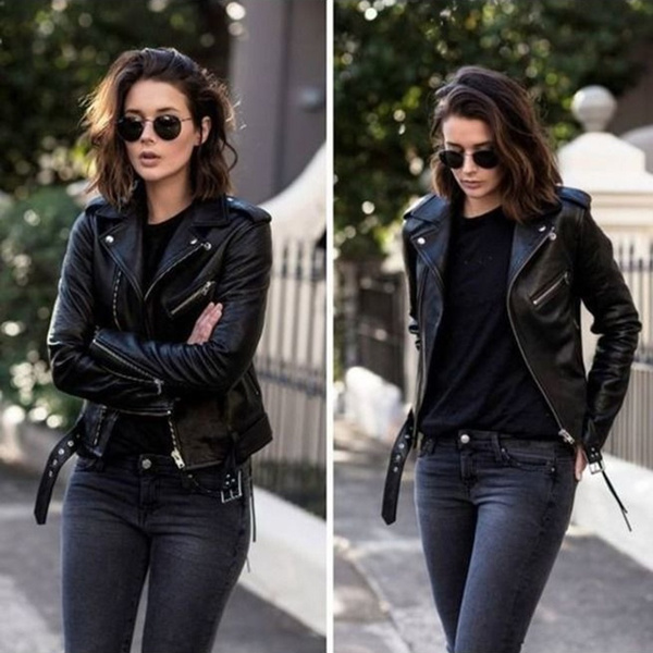 Womens Fashion Black Leather Belted Jacket Slim Streetwear Casual Oversized Solid Zipper Female Outwear Coat Women Motorcycle Leather Jacket