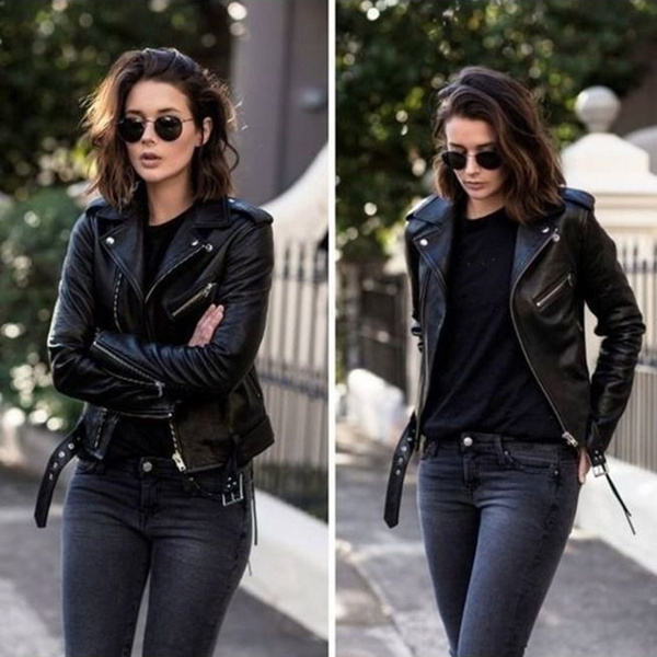 Womens Fashion Black Leather Belted Jacket Slim Streetwear Casual Oversized  Solid Zipper Female Outwear Coat Women Motorcycle Leather Jacket