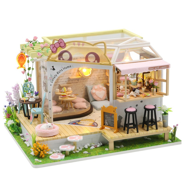 Cat House DIY Dollhouse Miniature Wooden Toys Furniture Kit Light Christmas Gift 