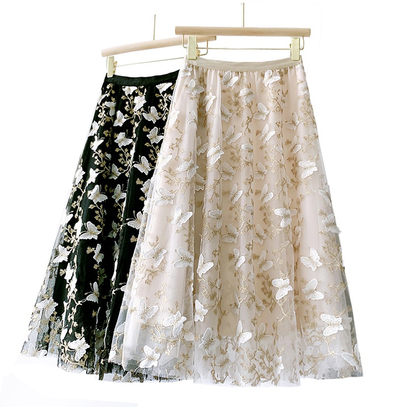 Ladies A-line Mesh Lace Embroidery Skirt Butterfly Midi