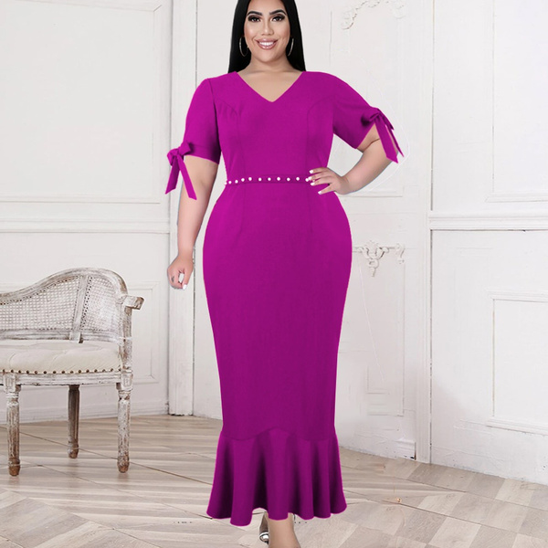 Long Dresses for Women V Neck Bodycon High Waist Beads Short Sleeve