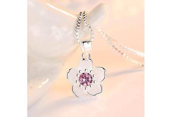 Cherry Blossom Necklaces fashion Peach Flower Pendants & Necklace Pink  Cubic Zirconia Necklace for Women