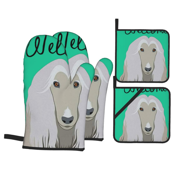 Oven Mitts and Pot Holders Set 4 Pieces Welcome Afghan Hound Dog