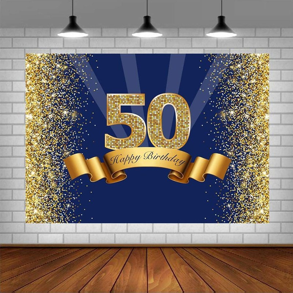 10 x 8 ft Happy 50th Birthday Party Photography Backdrop Navy Blue and ...