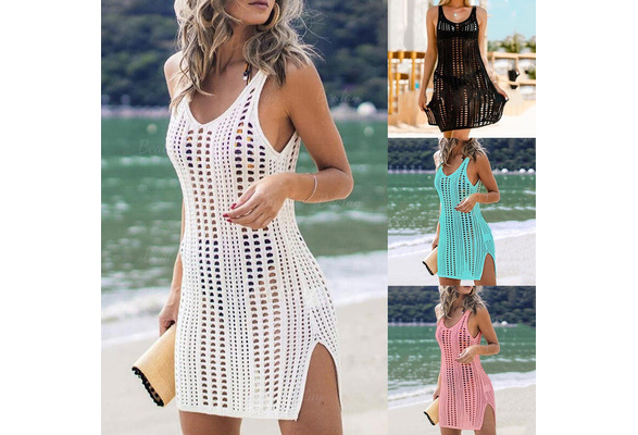 Sexy Hollow Out Beach Dress Women V Neck Sleeveless Crochet Swimsuit Cover  Up Vestidos Female Bathing