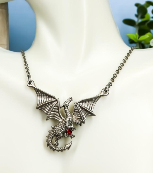 Red Gemstone Winged Caduceus Moon Dragon Jewelry Pewter Pendant ...