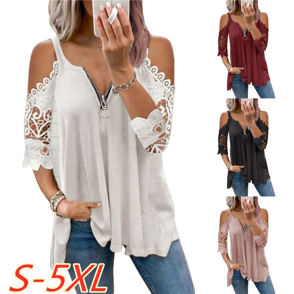 Large Size Loose Short-Sleeved Lace Women Blouses Cotton Blouses