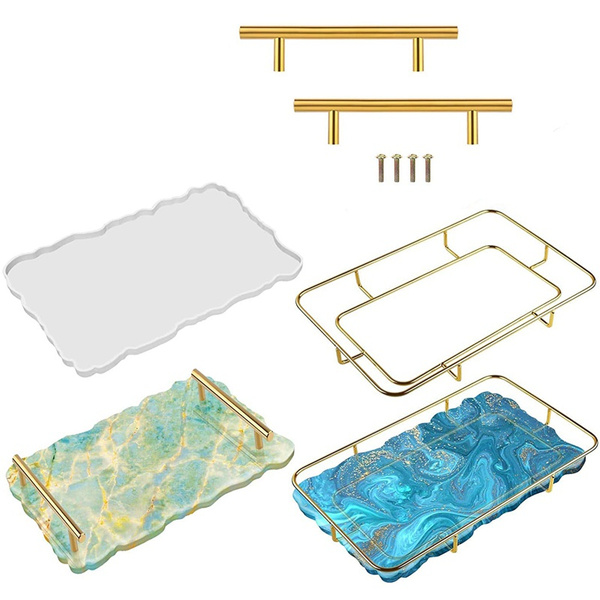 Silicone Resin Tray Mold, Large Epoxy Tray Resin Mold with 2Pcs Gold  Handles, Metal Frame for Resin Casting Fruit Disc