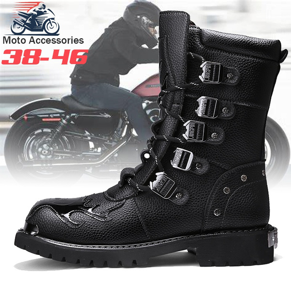 New Motorcycle Boots Men Motocross Boots Motorcycle Shoes Mid-calf Buckle Motorbike Boots Punk Black | Wish