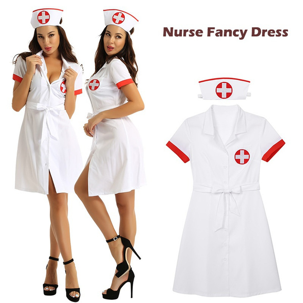 Women Adults Sexy Nurse Fancy Dress Costume Outfit Button Down Uniform