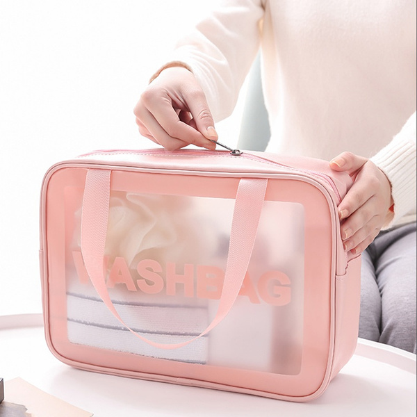 pu transparent three-piece makeup wash bag large capacity pvc bath bag  translucent frosted portable storage bag female | Wish