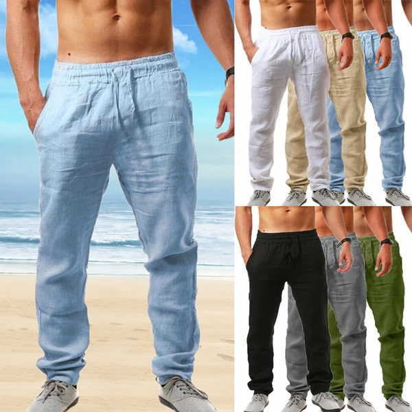 Men Cottom Linen Breathable Elastic Waist Drawstring Pants Casual  Lightweight Jogging Yoga Athletic Fitness Pants Summer Beach Vacation Loose  Harem Pants