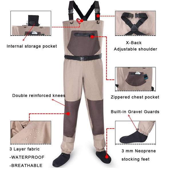 Breathable Fly Fishing Stocking foot Chest Waders Waterproof Hunting Wading  Pants with Neoprene Suspender for Men Women