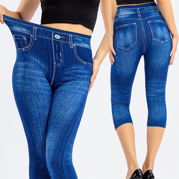 Fashion Women's Casual Imitation Denim Jeans Ladies Imitation Jeans  Leggings Cropped Trousers Stretch Pants Leggings