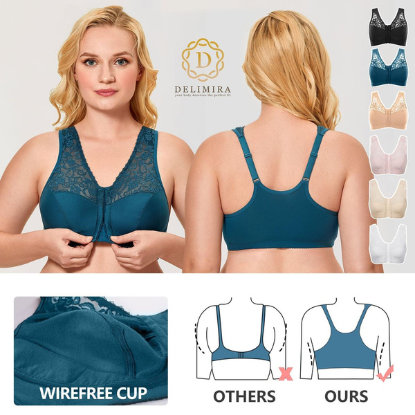 DELIMIRA Women Plus Size Front Closure Full Coverage Wirefree Bra Lace No  Padded Racerback Everyday Bra