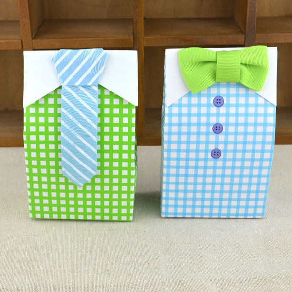 Candy Box Plaid Shirt Tie Bow Bonbonniere Favor Box Baby Shower Gift Bags 