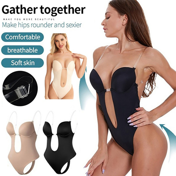 NEW Women Deep V Bodysuit Clear Strap Backless Plunge Thong Push Up Padded  Bra Body Shaper Suit Convertible Seamless Low Back