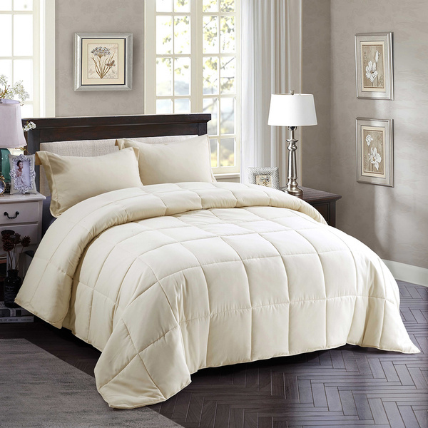 3 Piece Reversible Ivory Down Alternative Comforter Set with Corner