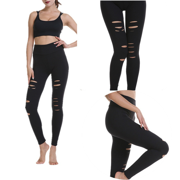 Womens High Waist Yoga Pants Ripped Cutout Workout Running Leggings with  Holes