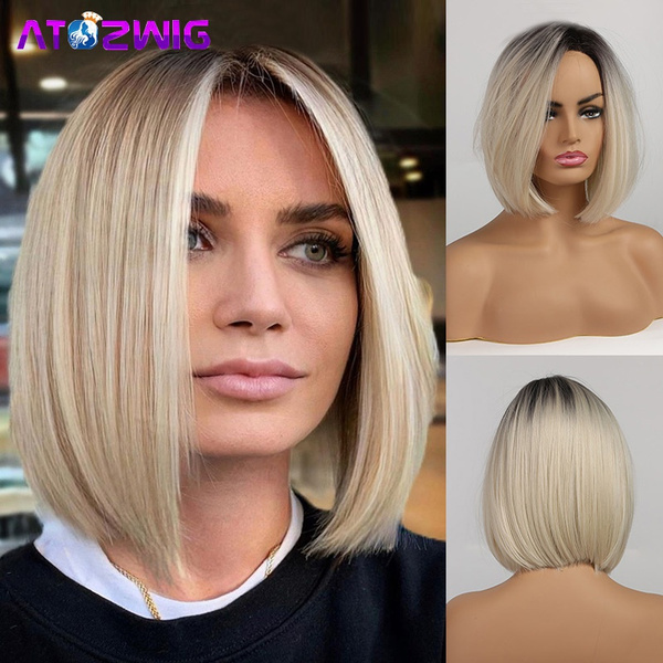 Short Straight Blonde Bob Hairstyle Synthetic Wigs Black to Light Blonde  Ombre Hair Wig For Women | Wish