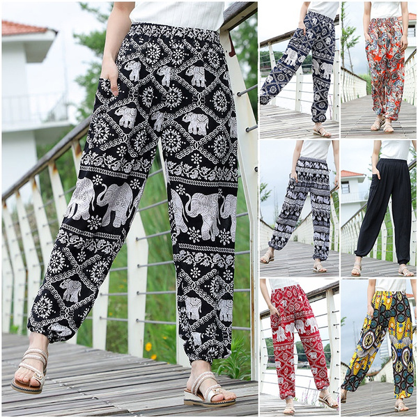 New Women Pants Bohemian Loose-fitting Rayon Cotton Elephant Flower Beach  Trousers Harem Loose Yoga Travel Pajama Lounge Pants