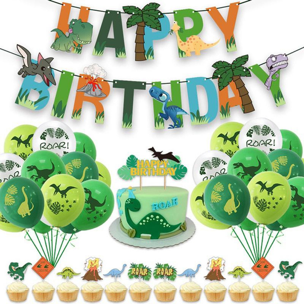47pcs/set Dinosaur Theme Happy Birthday Decoration Balloon Banners Cake  Topper Ribbon Dragon Latex Ballon Dinosaur Theme Party Supplies Kids Child Birthday  Favors