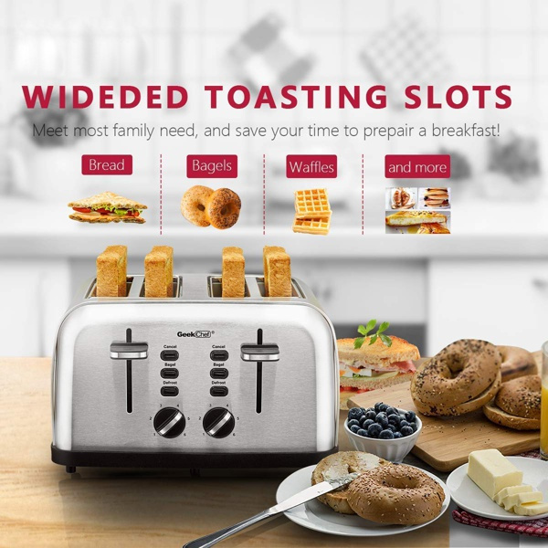 Toaster 4 Slice, Geek Chef Stainless Steel Extra-Wide Slot Toaster