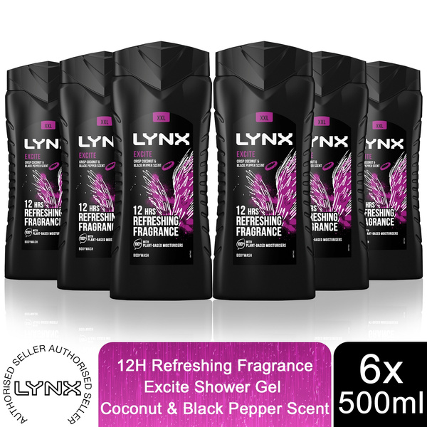 6x Lynx 12H Refreshing Excite Crisp Coconut & Black Paper Scent Shower Gel,500ml Wish