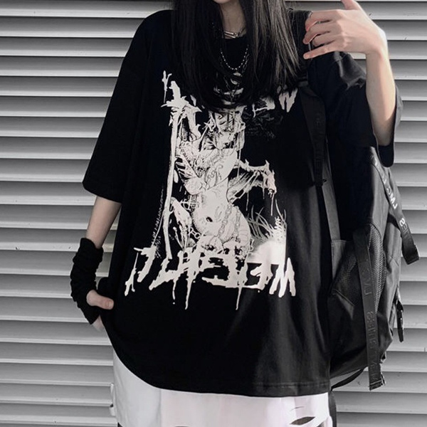 Chic Black TShirt Women Men Gothic Top Fairy Grunge Harajuku Dark Academia  Aesthetic Anime Alt Emo Loose Summer Clothes Blacktop - AliExpress